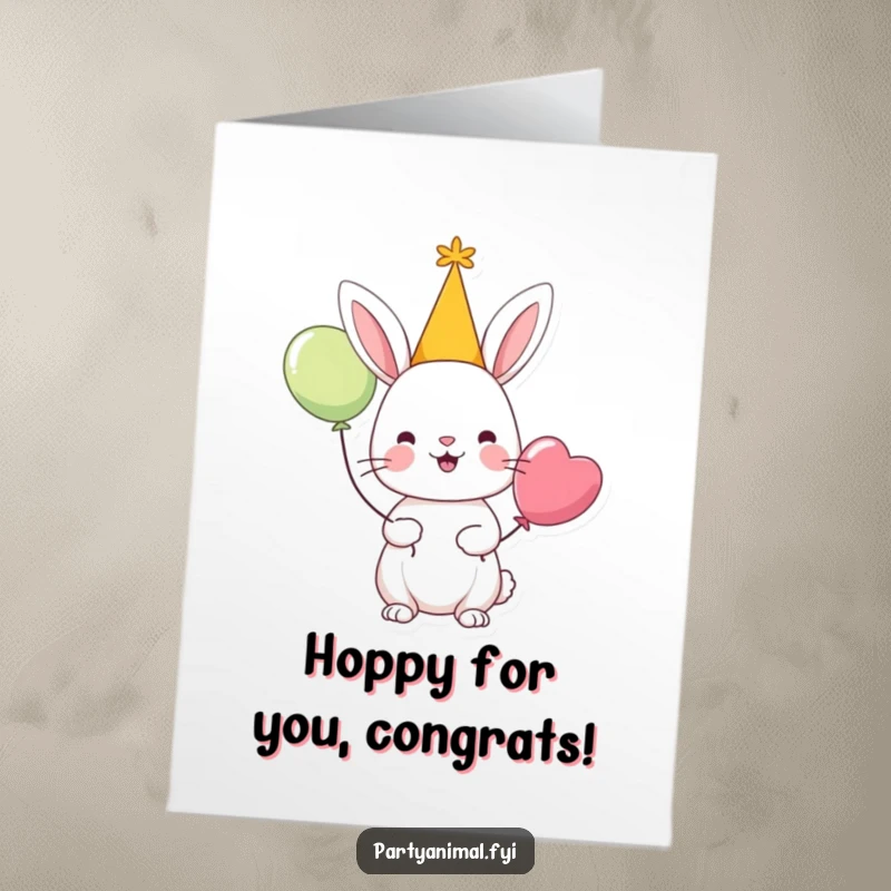 Funny Free Printable Congratulations Card: A cheerful rabbit in a party hat with a balloon, celebrating your big win.