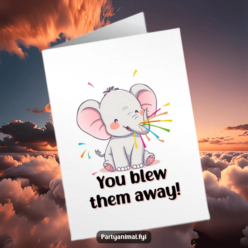 Free Printable congratulations card featuring a cheerful Kawaii elephant spraying colorful streamers, symbolizing pure elation.