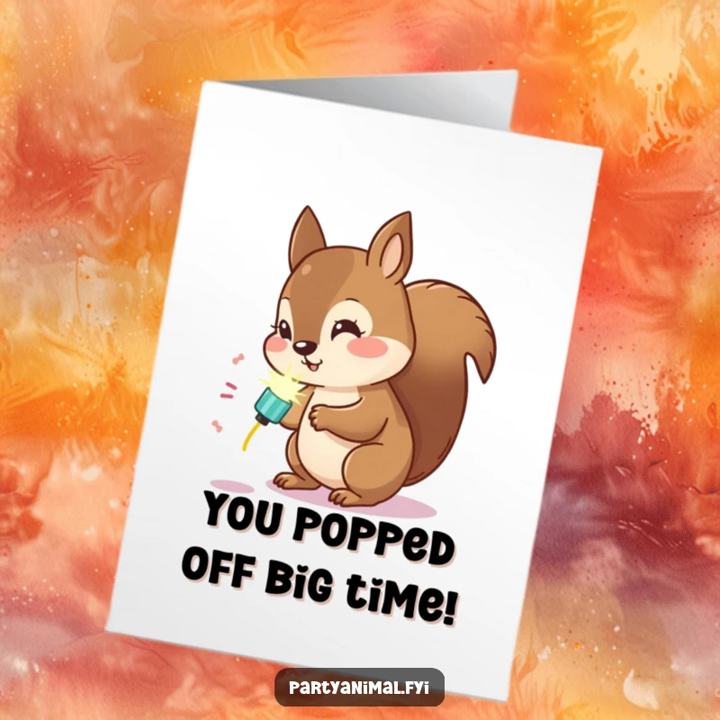 Free Printable congratulations card of a curious Kawaii squirrel inspecting a glowing party popper, anticipating fun.