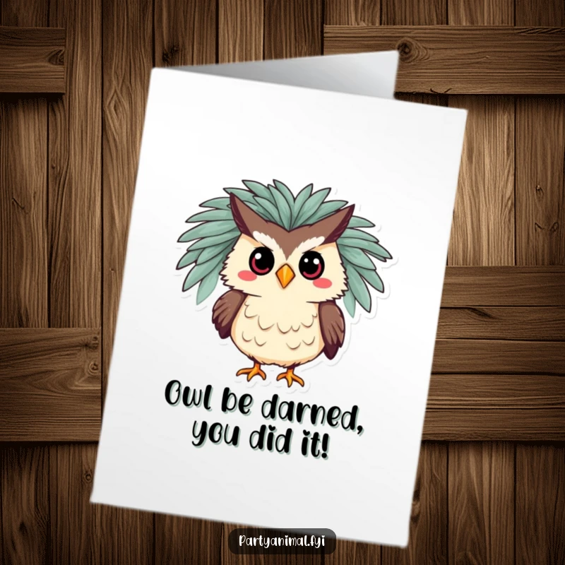 Funny Free Printable congratulations card: a stylish owl flaunting a feathered boa, striking an elegant pose, congratulating.