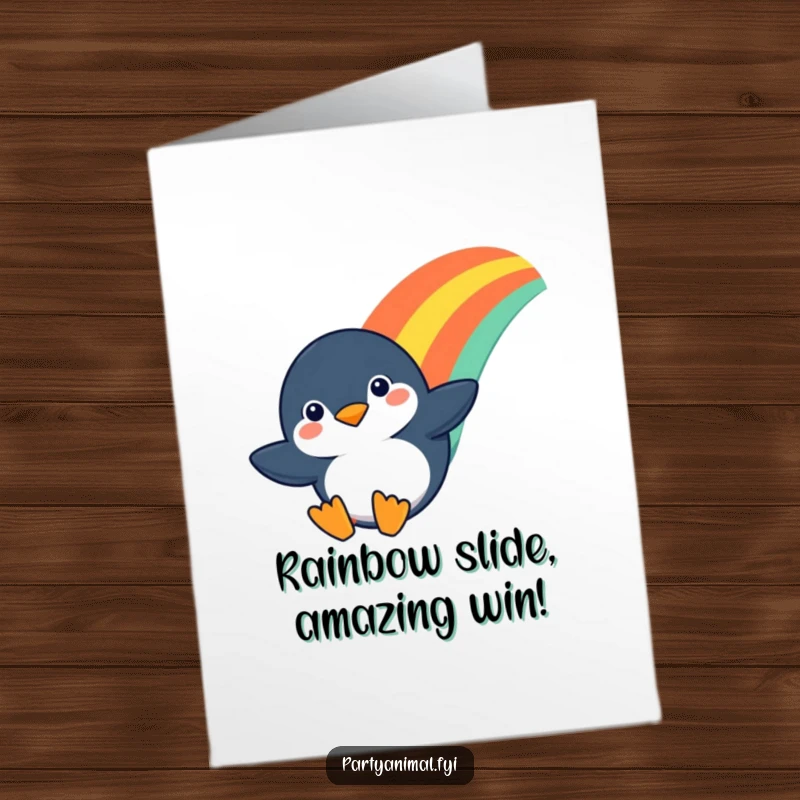 Free Printable Congratulations Card: A penguin with a grin of determination slides down a colorful rainbow path.