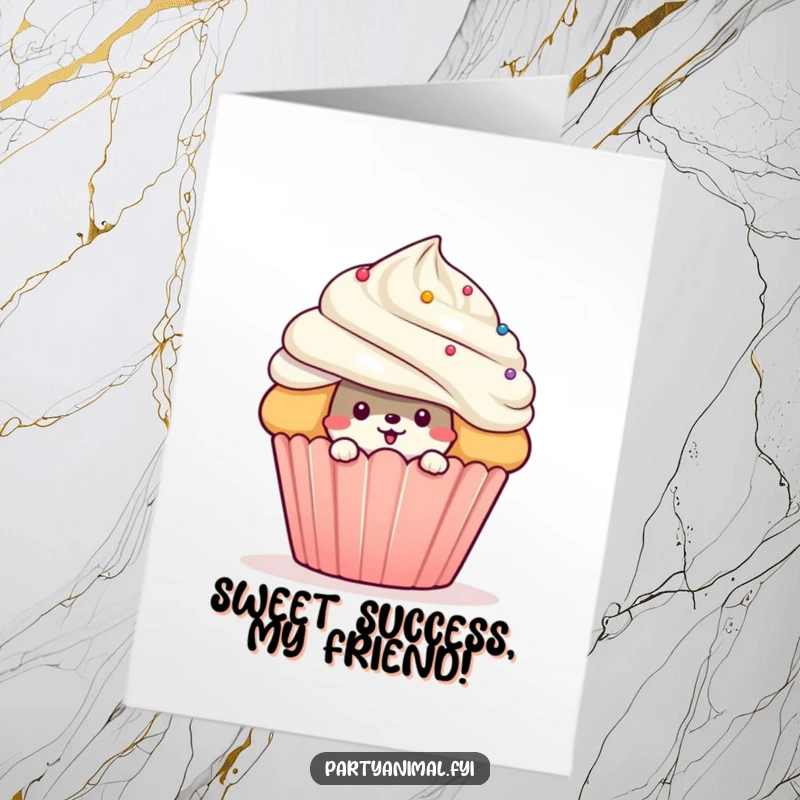 Funny Free Printable Congratulations Card: A sneaky animal peeks from behind an enormous cupcake, a fun downloadable art.