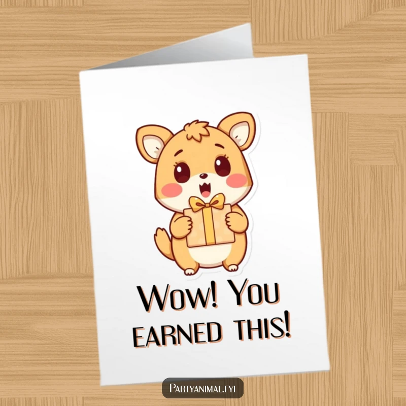 Free Printable Congratulations Card depicting an animal character reacting with surprise to a gratefully received gift, celebrating achievement.