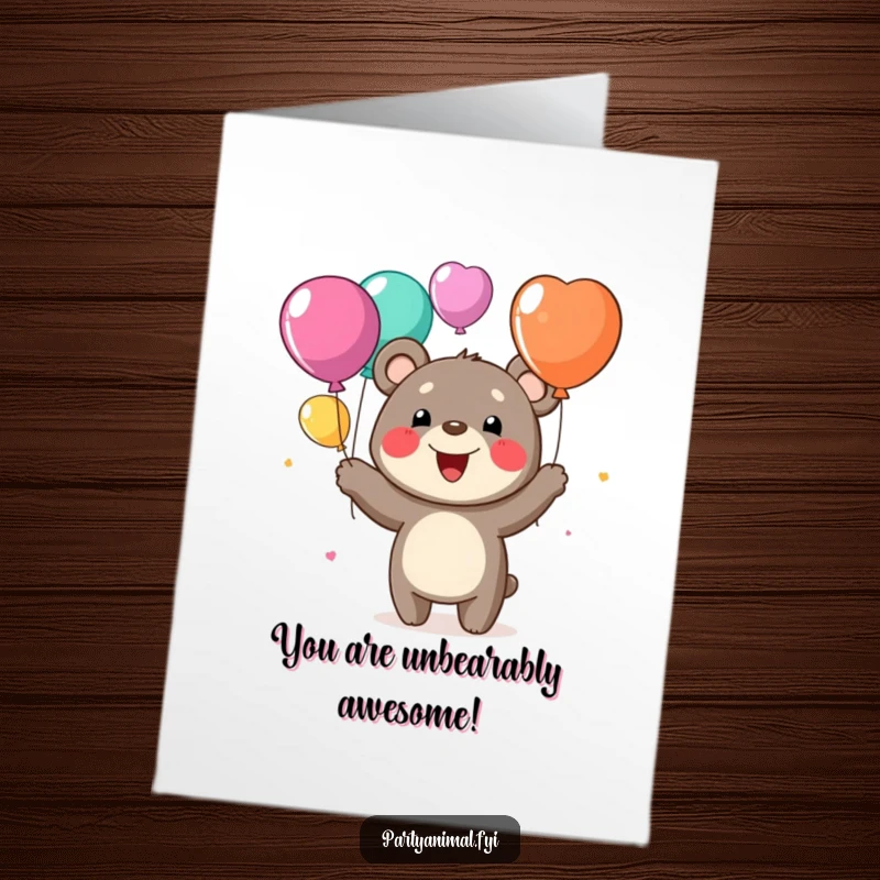 Funny Free Printable Congrats Card: A joyful bear juggles brightly colored balloons, celebrating a wonderful achievement with infectious enthusiasm.