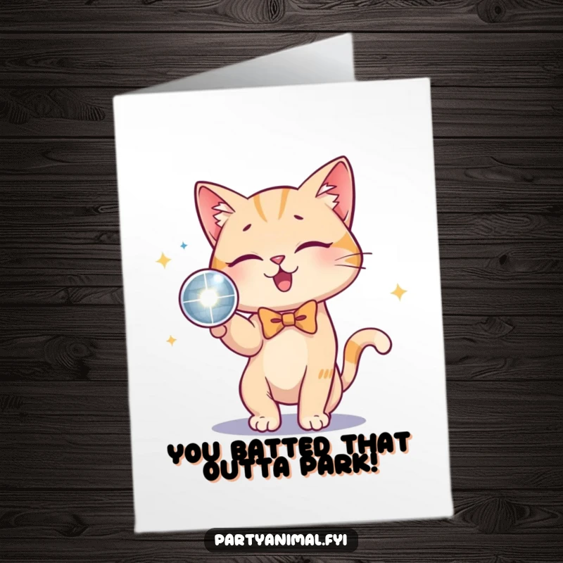 Funny Free Printable Congrats Card: A stylish cat in a bow tie, reaching for a shiny disco ball, celebrating a dazzling achievement.