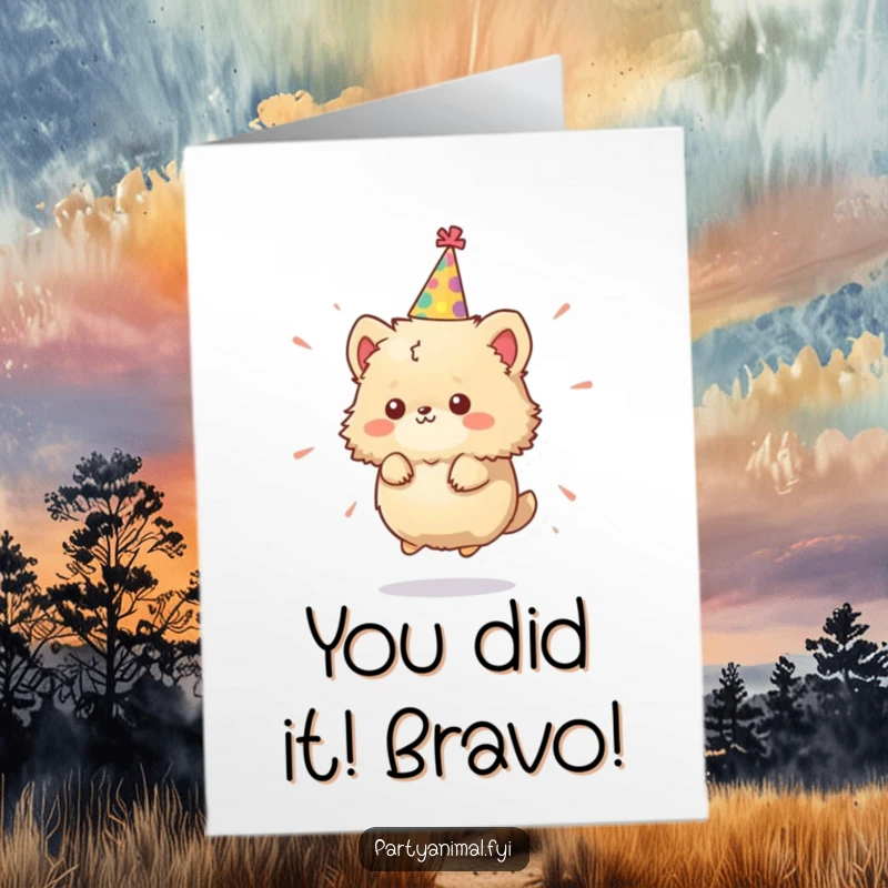 Funny Free Printable Congrats Card: Fluffy animal in party hat spinning wildly, celebrating an achievement. Hilarious downloadable greeting.
