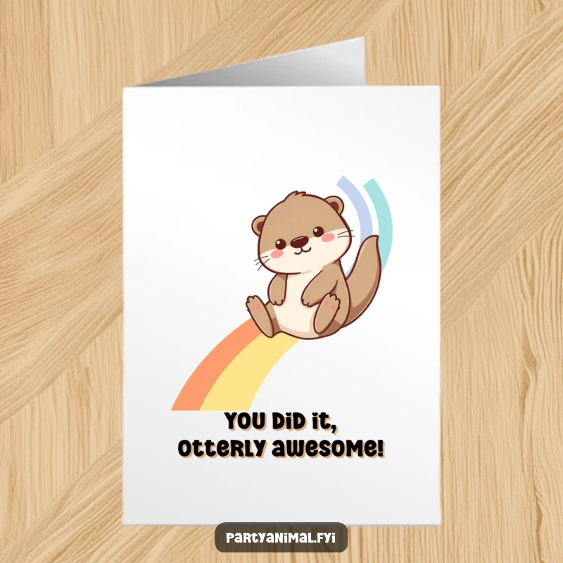 Funny Free Printable Congratulations Card showcasing a delighted otter sliding down a colorful streamer rainbow.