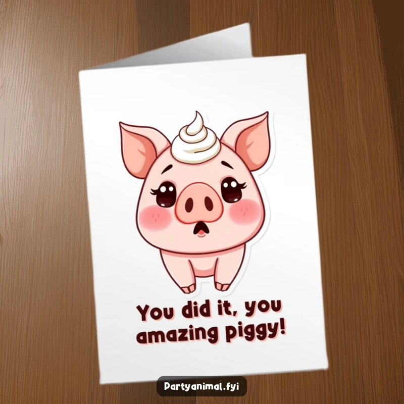 Funny Free Printable Congratulations Card: A surprised pig with frosting smeared on its nose, a humorous celebration.