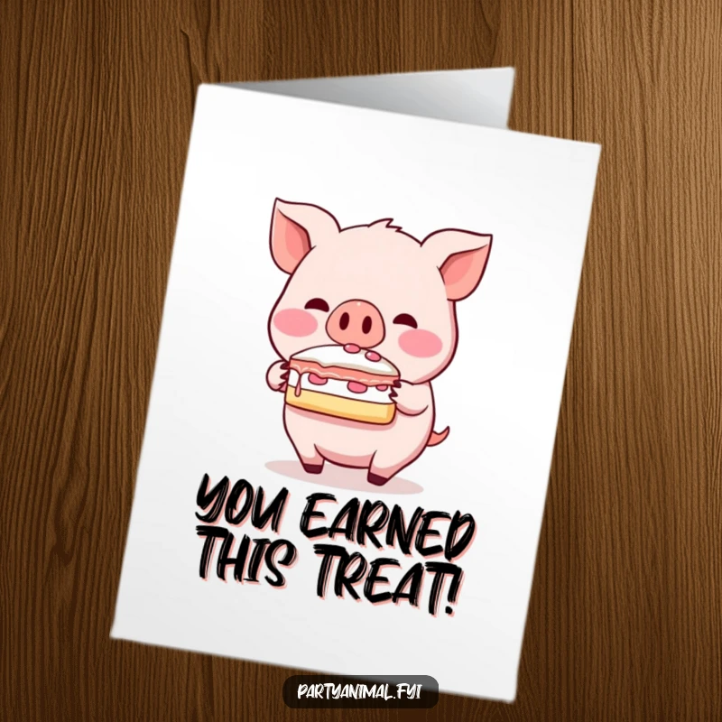 Funny Free Printable Congratulations Card: A blushing pig tries to balance a slice of cake on its snout in celebration.