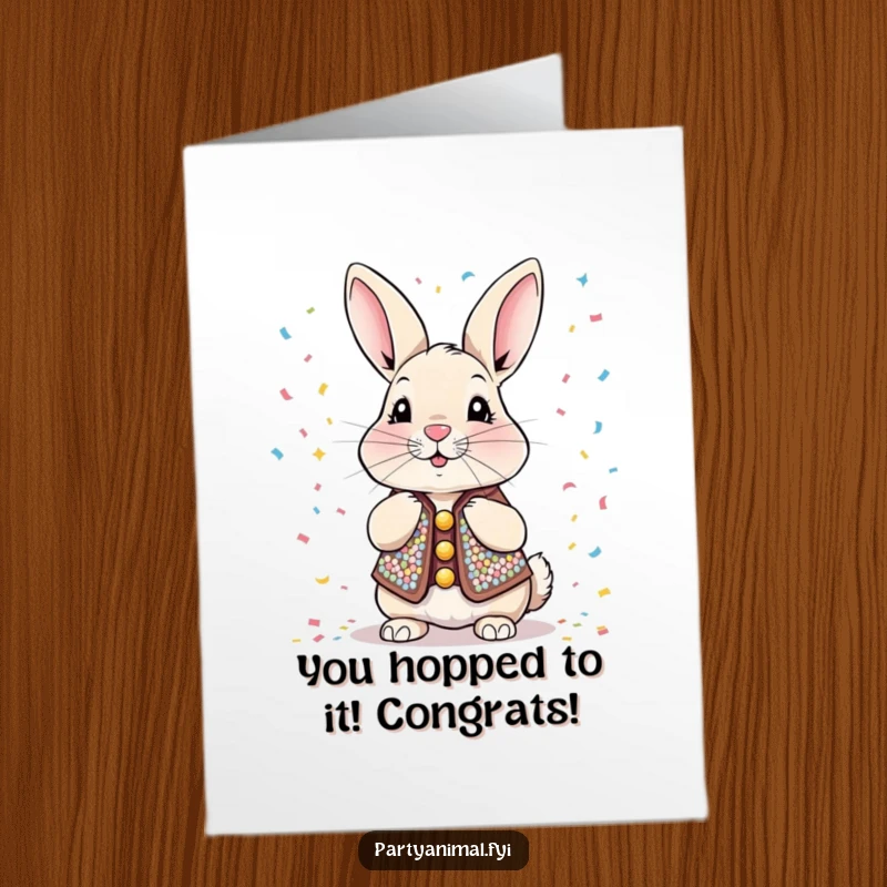 Funny Free Printable Rabbit Congratulations Card: A rabbit in a sequined vest joyfully blowing confetti.