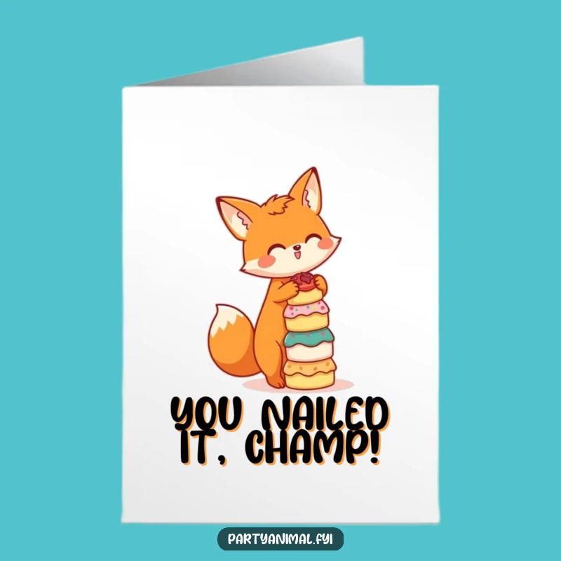 Free Printable Congrats Card: Funny Fox Cake Balance, Downloadable Success Art