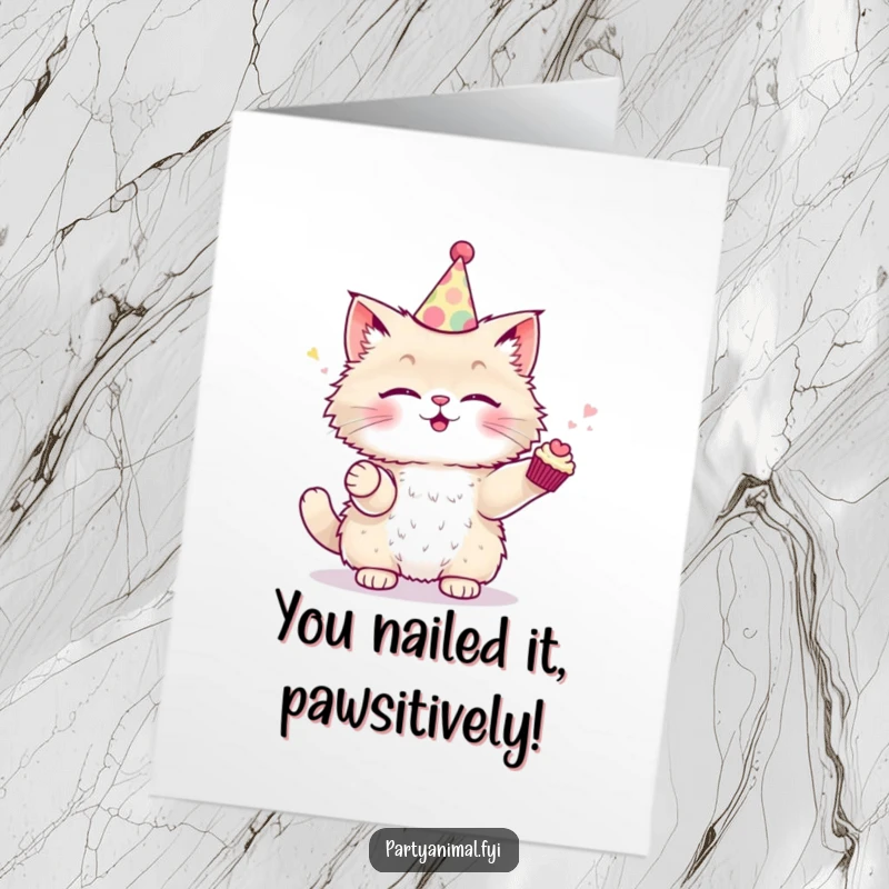 Funny Free Printable Congrats Card: Whimsical cat wearing a party hat juggles miniature cupcakes, celebrating success.