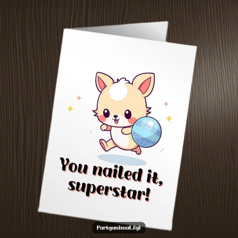 Funny Free Printable Congratulations Card: An energetic animal character chasing a disco ball, celebrating a win with style.