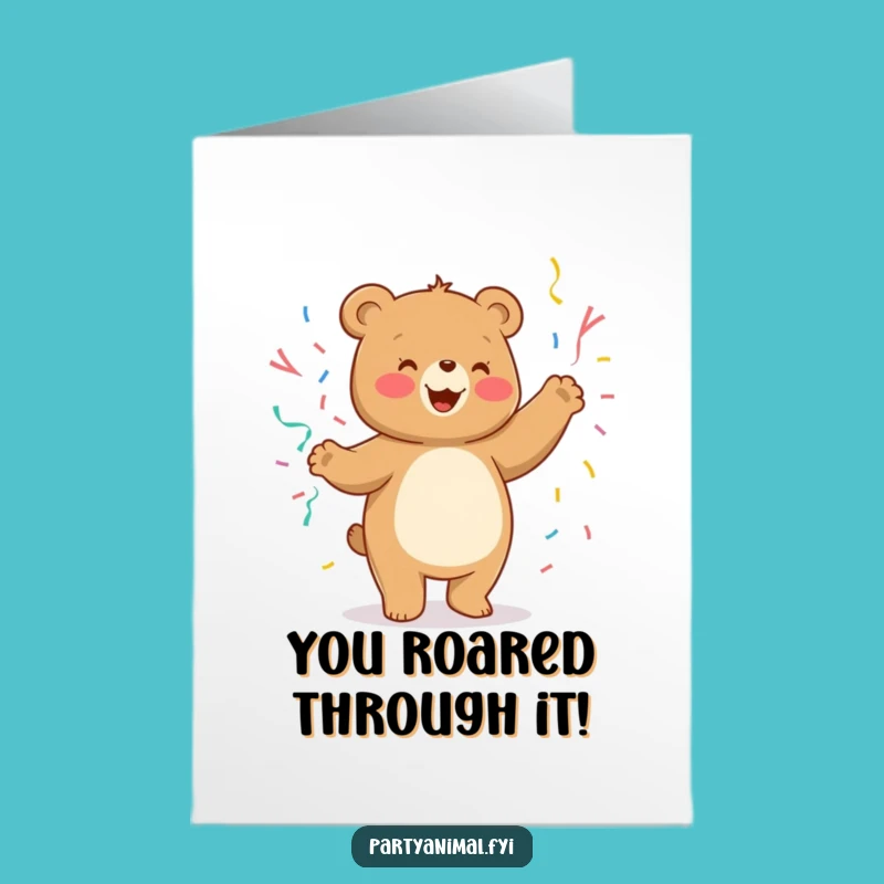 Free Printable Congrats Card: Dancing Bear, Streamers - Fun Downloadable Art