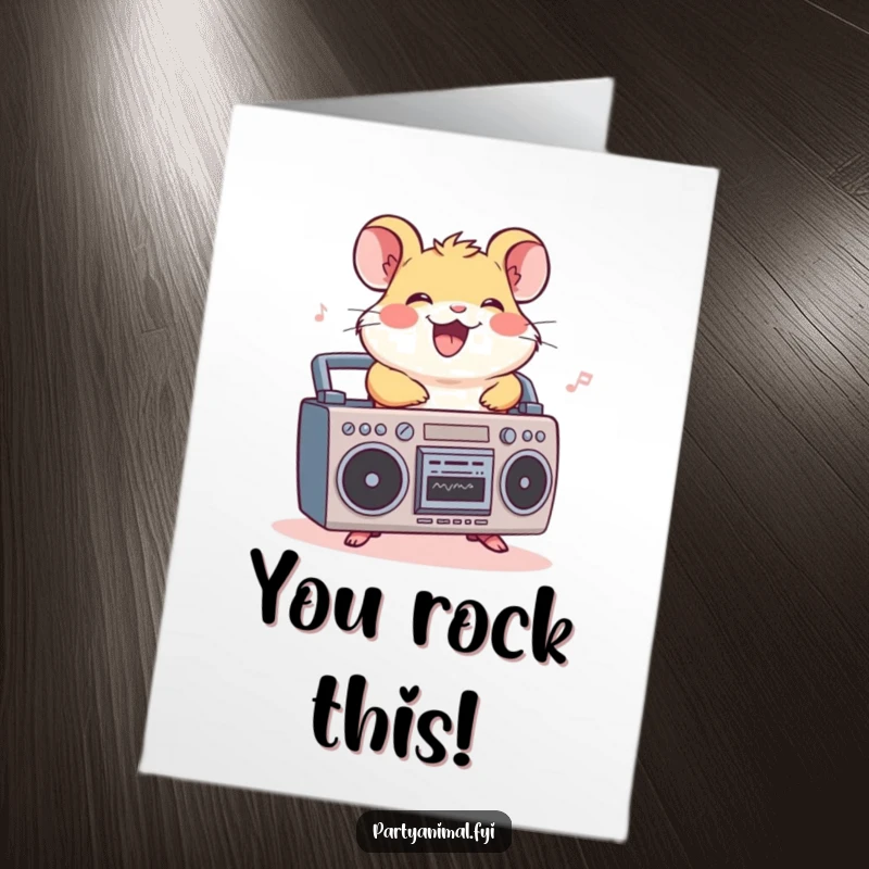Funny Free Printable Congratulations Card: A cheerful hamster rides a boombox, grooving to celebrate a big achievement.