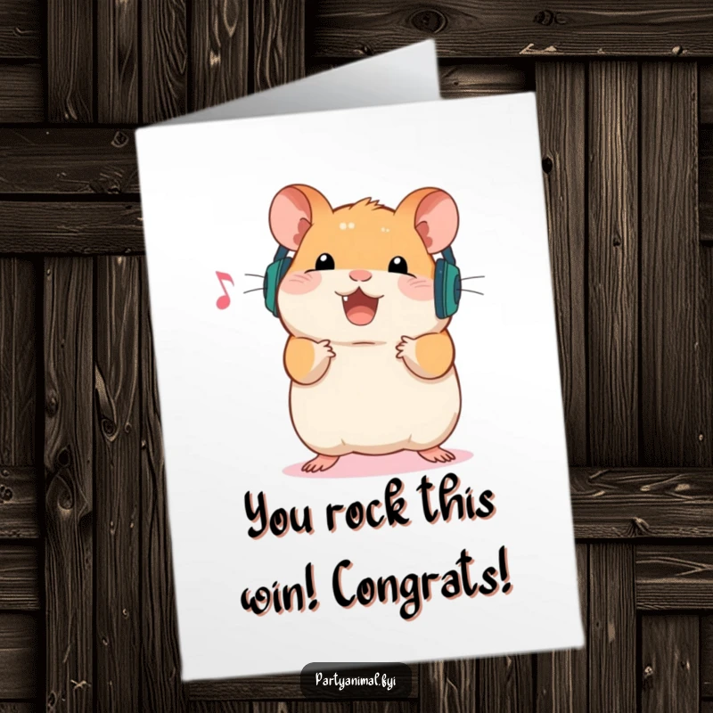 Funny Free Printable Hamster Congratulations Card: A hamster in tiny headphones grooving to music.