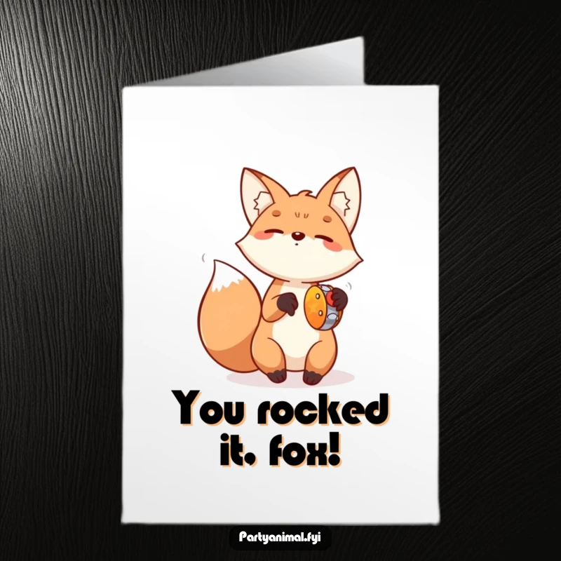 Funny Free Printable Congrats Card: Ecstatic fox shaking a tambourine, celebrating your awesome win with pure energy.