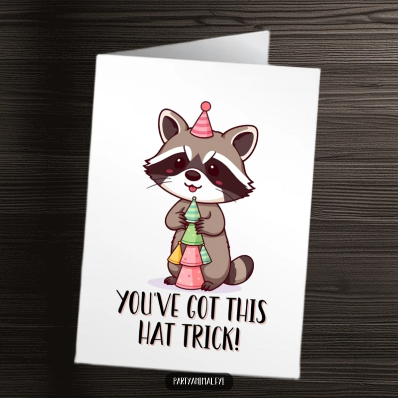 Funny Free Printable Raccoon Congratulations Card: A mischievous raccoon balancing a tall stack of tiny party hats.