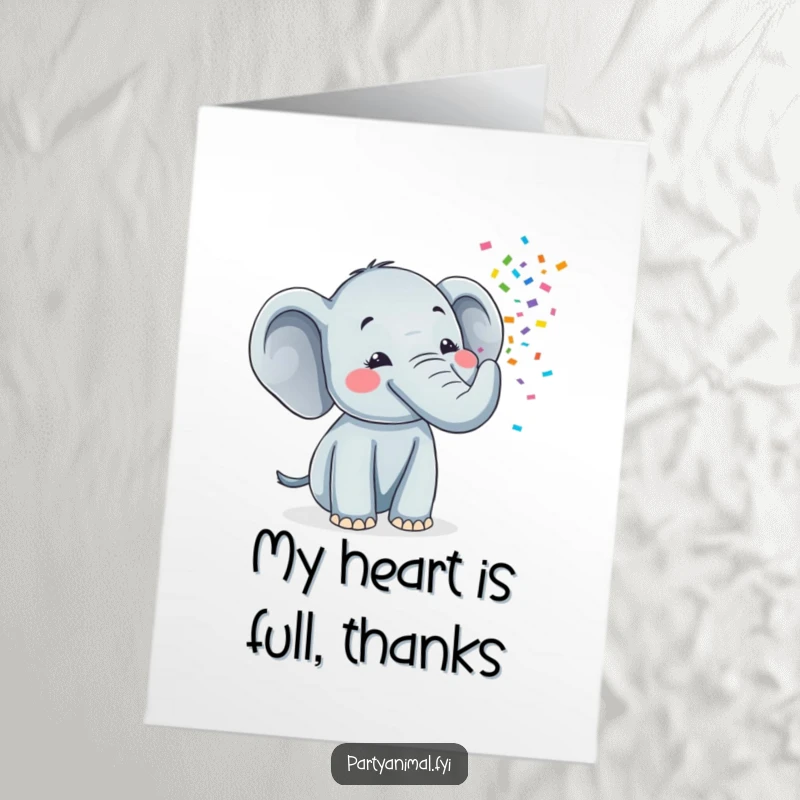 Funny free printable thank you card of a joyful elephant blowing colorful confetti from its trunk, expressing warm and cheerful thanks.