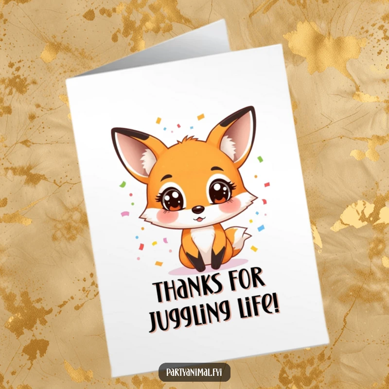 Funny Free Printable Thank You Card: A wide-eyed fox expertly juggling colorful confetti, expressing gratitude.