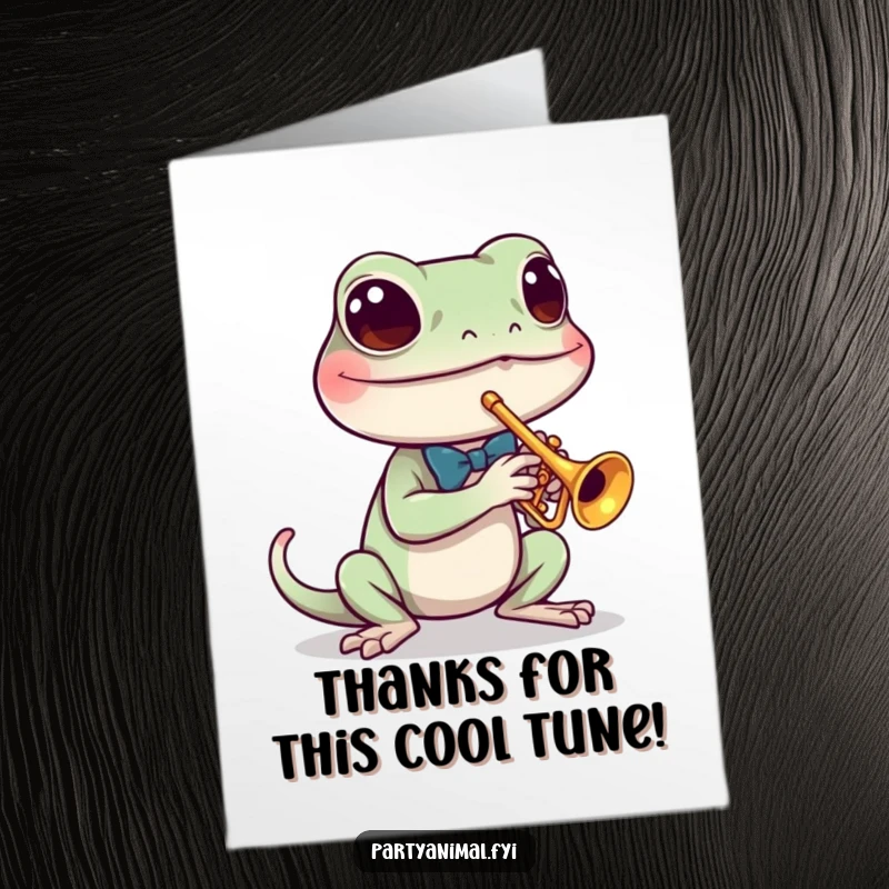 Funny Free Printable Gecko Thank You Card: A dressed-up gecko plays a trumpet to express gratitude.
