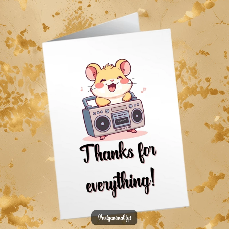Funny Free Printable Thank You Card: A cheerful hamster is riding a miniature boombox, grooving to music.