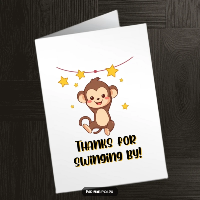 Funny Free Printable thank you card with a Kawaii monkey swinging from a garland of stars, expressing sincere thanks.