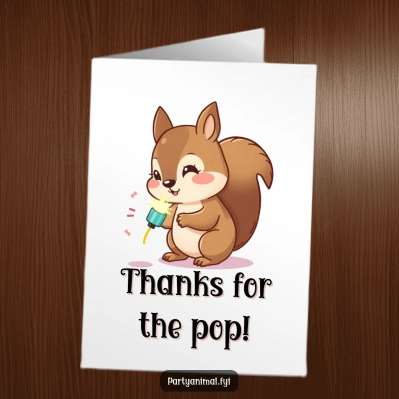 Funny Free Printable thank you card with a curious Kawaii squirrel looking at a glowing party popper, conveying thanks.