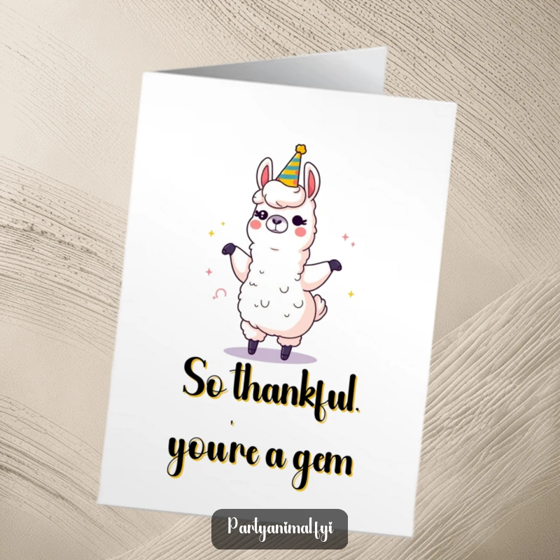 Funny free printable thank you card of a winking llama dancing joyfully with a giant sparkling party horn, conveying thanks with playful energy.