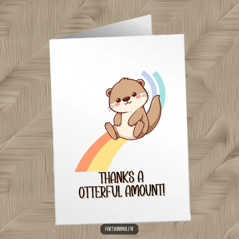 Funny Free Printable Thank You Card featuring a cheerful otter sliding down a vibrant rainbow of streamers.