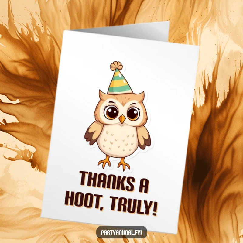 Funny Free Printable Thank You Card showing a curious owl wearing a funny party hat, looking thoughtfully.