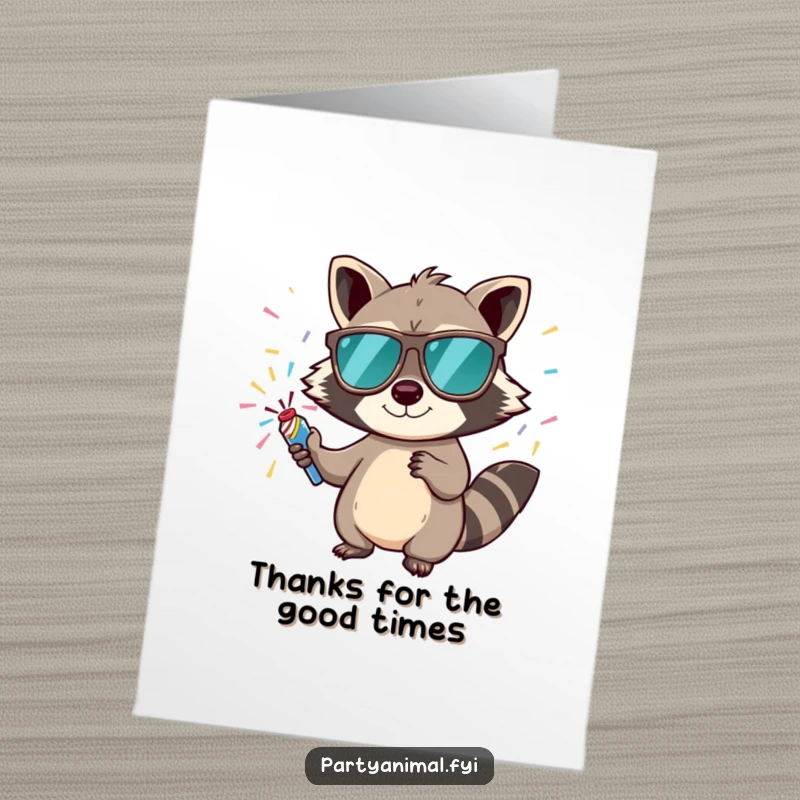 Funny Free Printable Thank You Card: Raccoon in sunglasses pops confetti, sending a thankful blast of fun.
