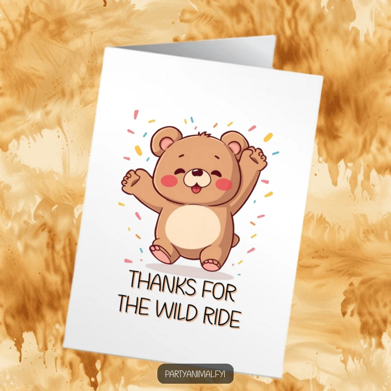 Funny Free Printable Thank You Card: A chubby bear is dancing wildly, surrounded by falling confetti.