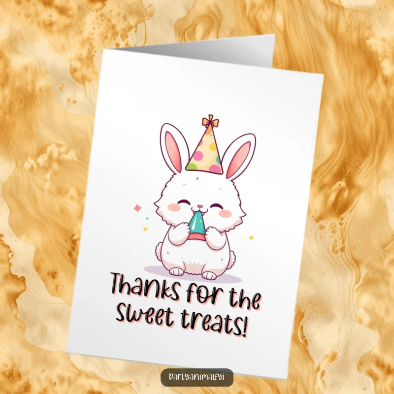 Funny Free Printable Thank You Card: A happy bunny with a party hat and noisemaker offers thanks with infectious, joyful energy.