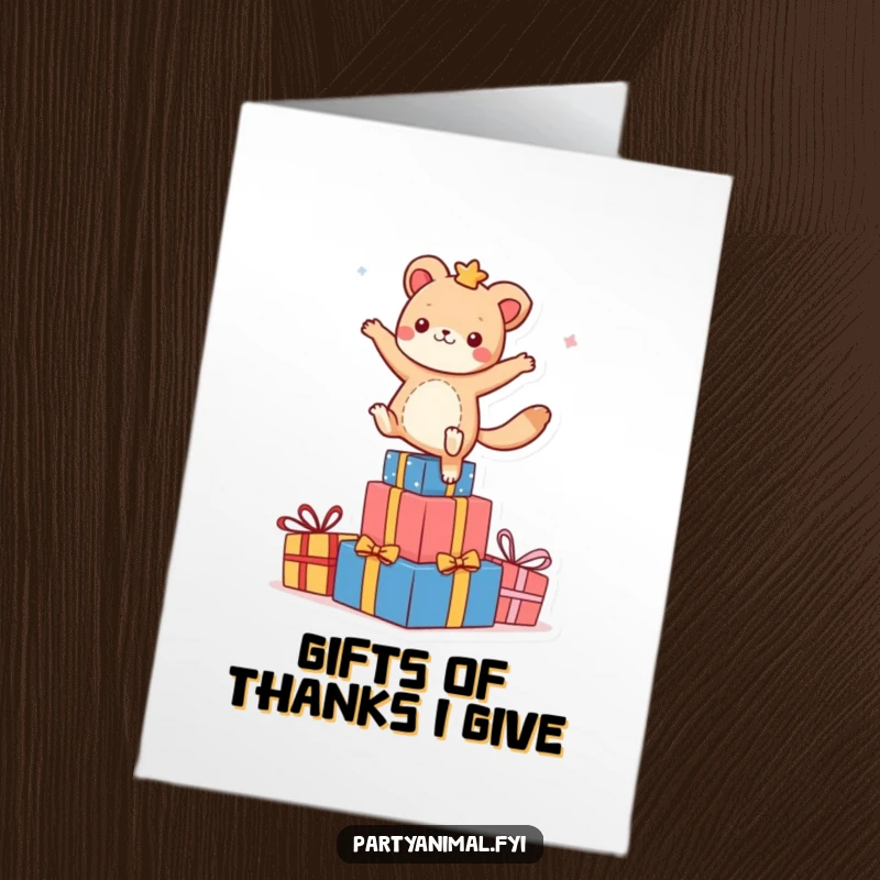 Funny Free Printable Thank You Card: A playful animal dances atop a stack of brightly wrapped gifts, a downloadable thank you art.