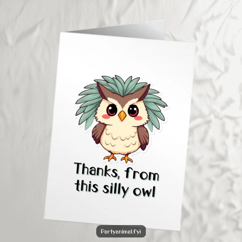 Funny Free Printable thank you card: a glamorous owl wearing a fluffy feathered boa, striking a confident pose.