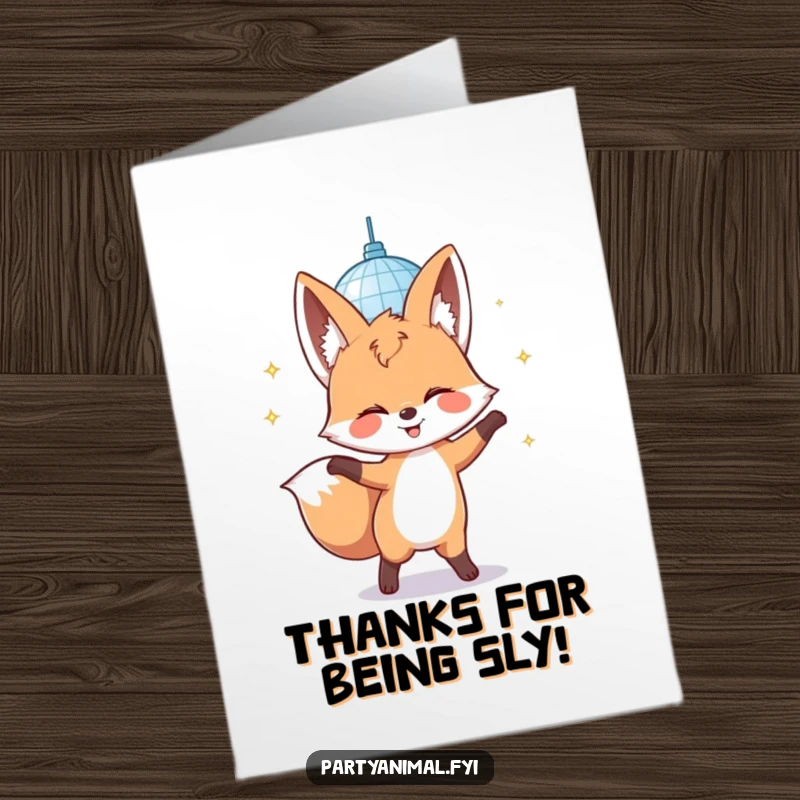 Funny Free Printable Thank You Card: A giggling fox dances energetically under a disco ball, expressing thanks with a fun, retro vibe.