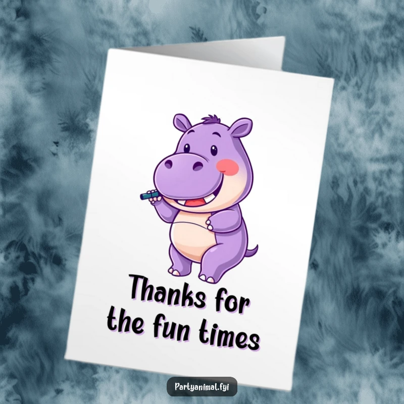 Funny Free Printable Thank You Card: Purple Hippo Character Twirling Noisemaker with a Wide Smile, Expressing Thanks Loudly