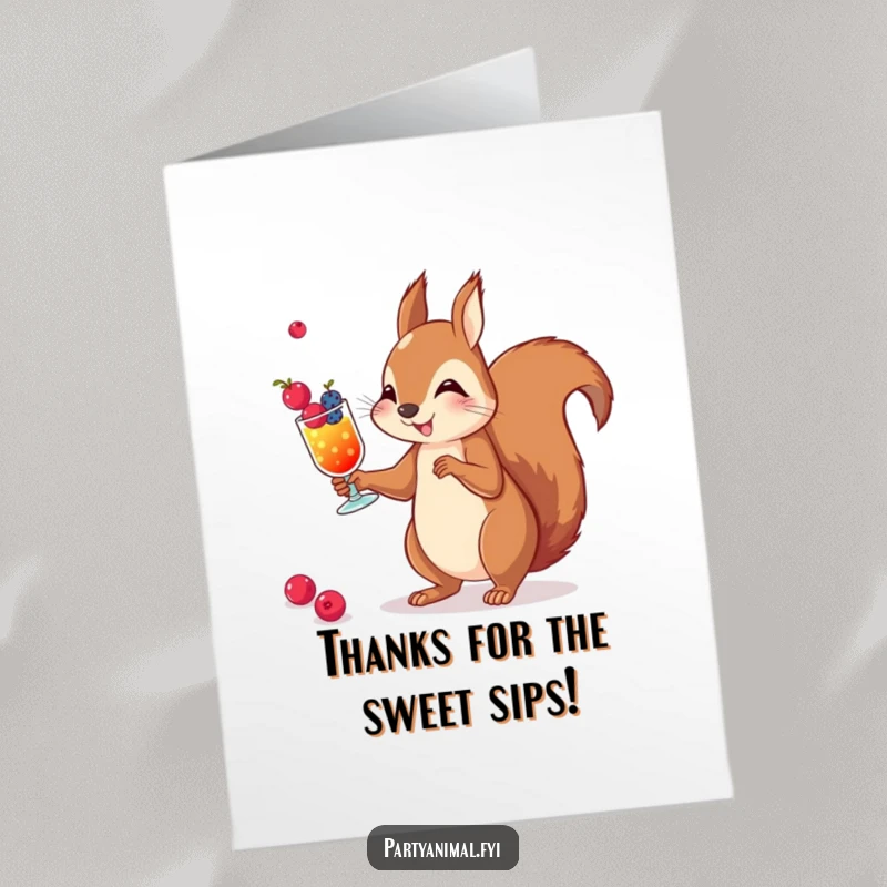 Funny free printable thank you card: a squirrel juggling tiny berry cocktails, sending a cheerful message of thanks.