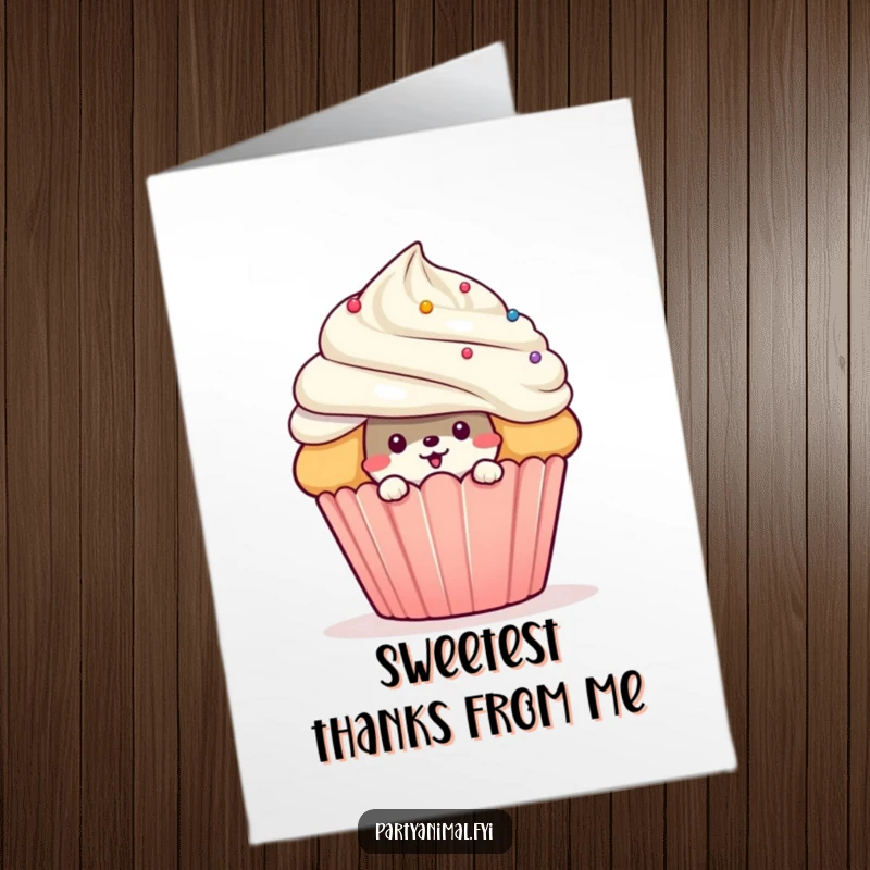 Funny Free Printable Thank You Card: A cheeky animal peeks out from behind a massive cupcake, a downloadable thank you art.