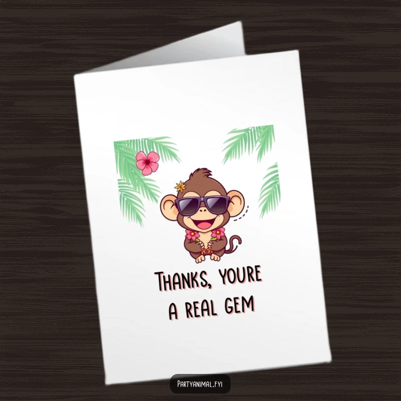 Humorous free printable thank you card featuring a joyful monkey wearing sunglasses and a lei, sending thanks.
