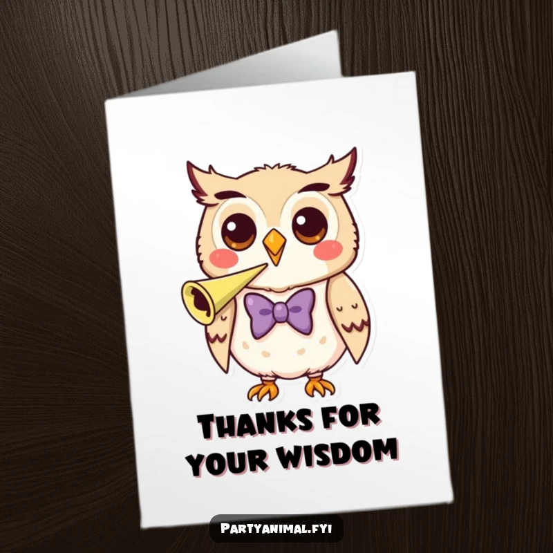 Funny Free Printable Thank You Card: A happy owl wearing a neat bow tie blows a party horn, expressing thanks stylishly.