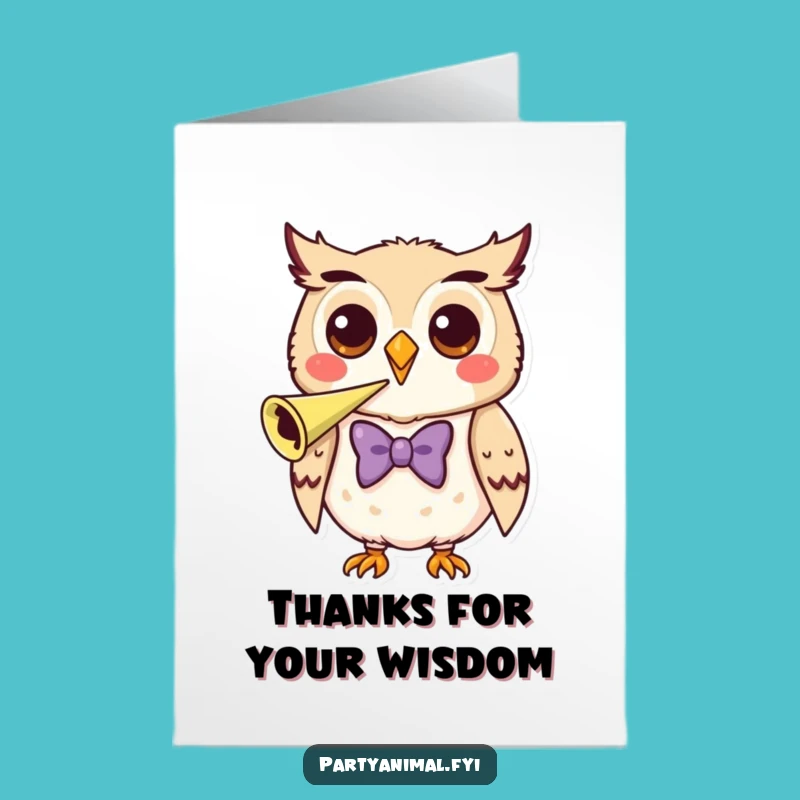 Free Printable Thank You Card: Owl in Bow Tie, Party Horn - Unique DIY Gift