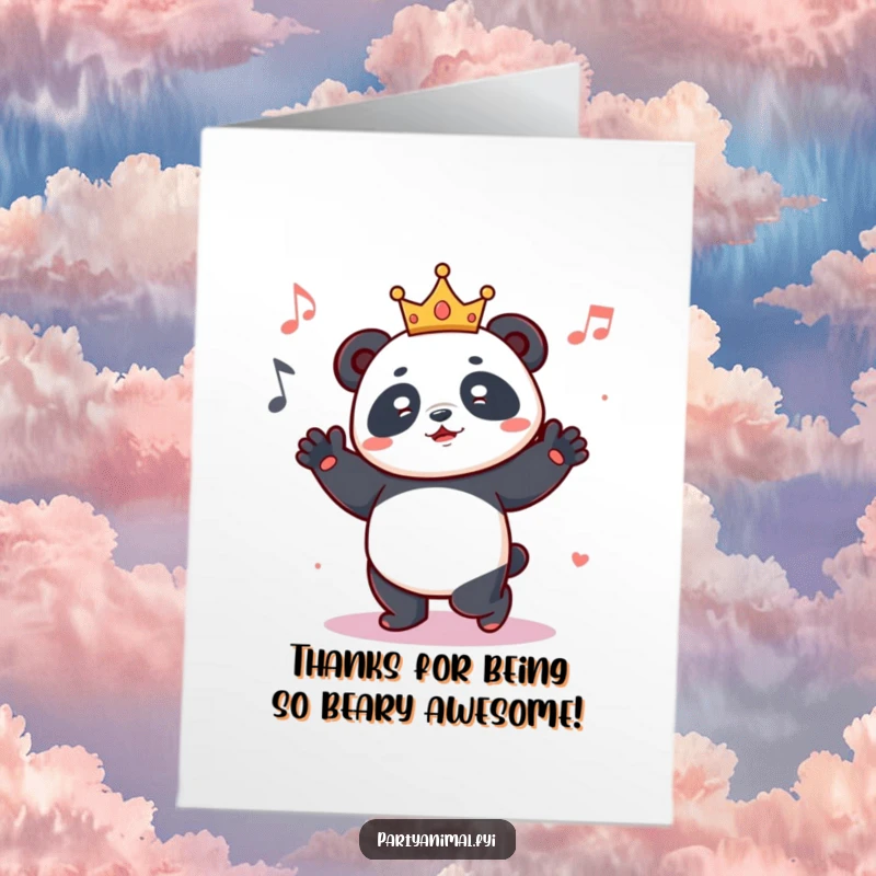 Funny Free Printable Thank You Card: A panda wearing a tiny crown, grooving to music with a thankful expression.