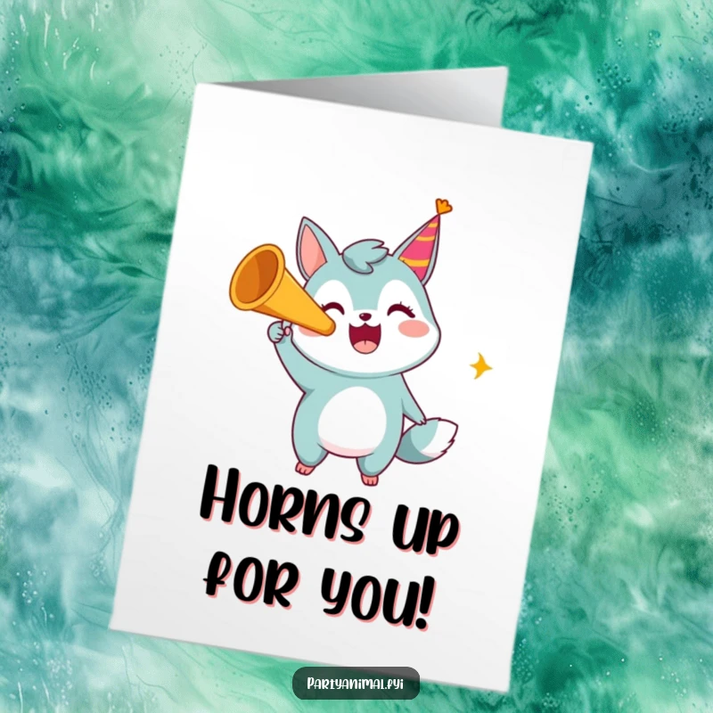 Funny Free Printable Thank You Card with a happy animal character enthusiastically blowing a party horn, conveying thanks with spirited noise.