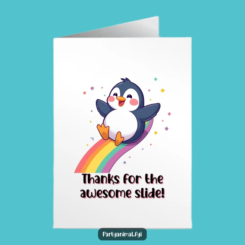 Free Printable Thank You Card: Penguin Rainbow Slide, Grateful Downloadable for Happy Thanks