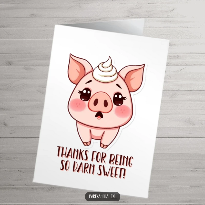 Funny Free Printable Thank You Card: A pig with frosting on its nose, a sweet and humorous way to say thanks.