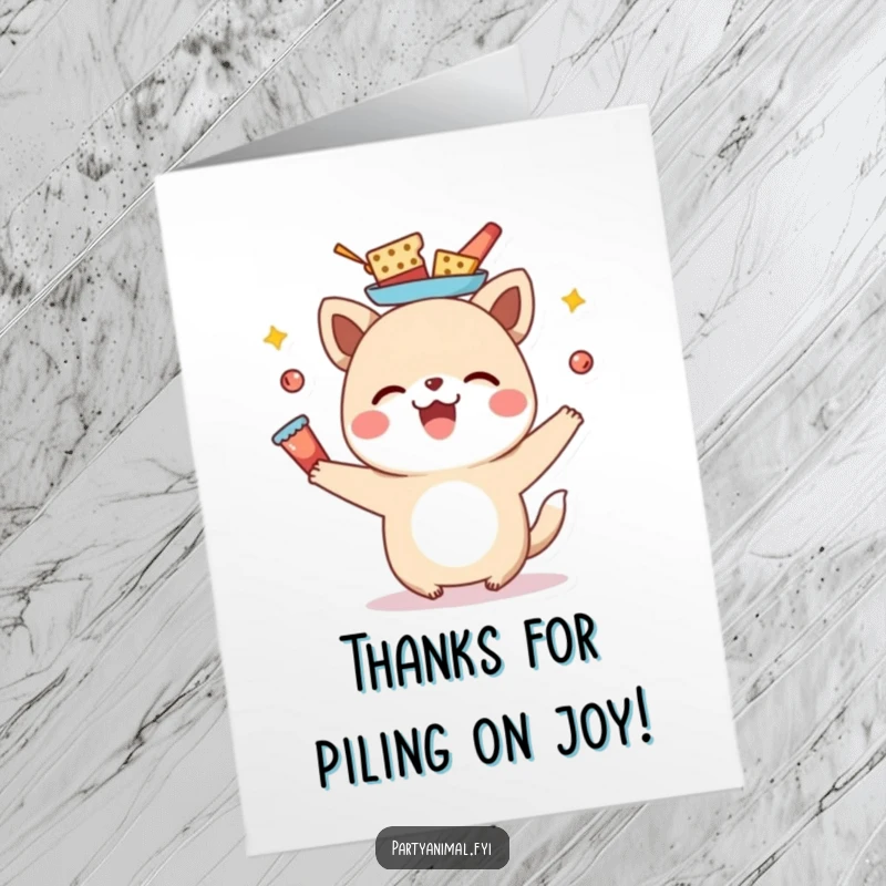 Funny Free Printable Thank You Card: A joyful animal masterfully balances snacks on its head, expressing thanks and delight.