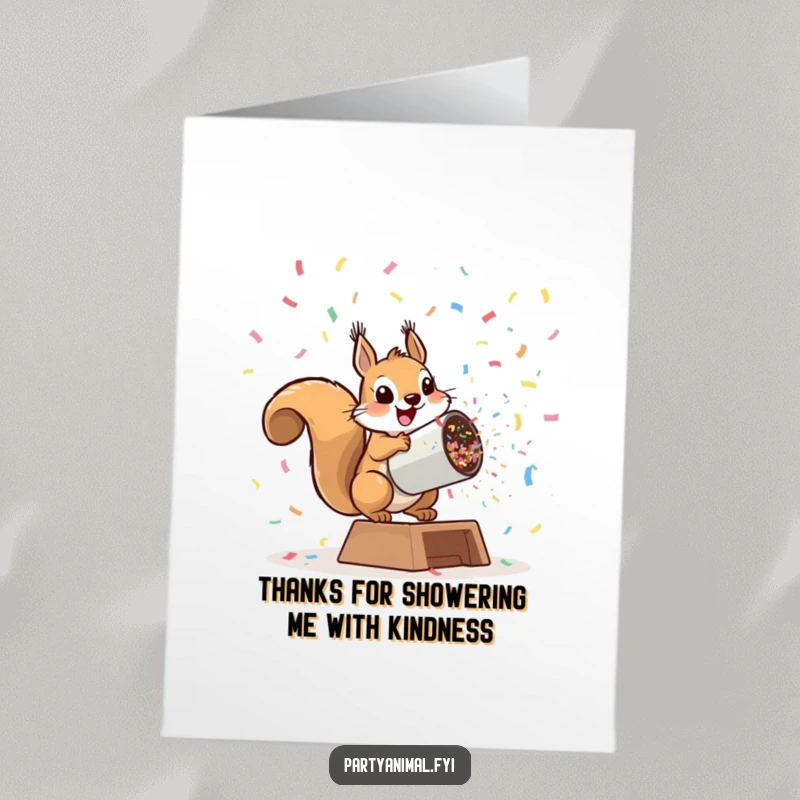 Funny Free Printable Thank You Card: A playful squirrel launching from a giant confetti cannon, showering thanks enthusiastically.