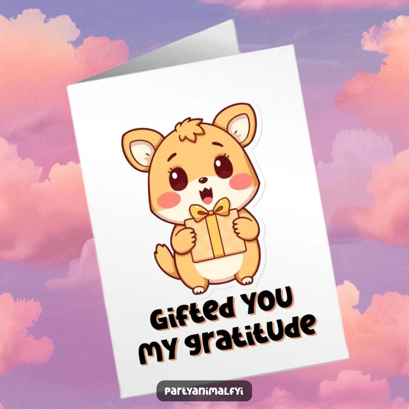 Funny Free Printable Thank You Card showing an animal character's astonished expression upon receiving a gift, perfect for expressing thanks.